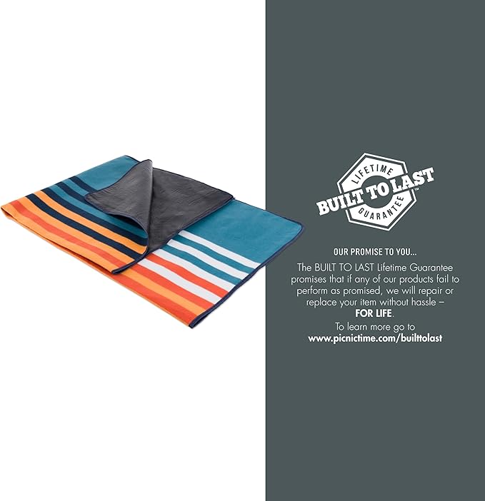 Picnic TIME Outdoor Picnic Blanket Tote 59x51 Foldable Beach &amp Camping Blanket with Soft Fleece Water-Resistant Bottom Adjustable Strap &amp Zippered Pocket (Marine Stripe)