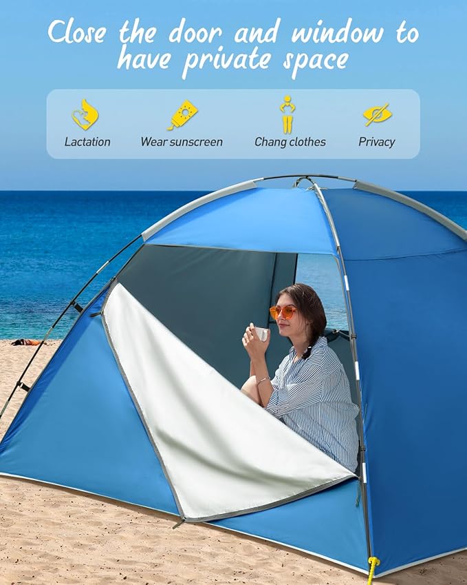 Beach Tent for 2-4 Persons Beach Tent Sun Shelter UPF50+ UV Protection Sun Shade Witch Huge Breathable Mesh Window Easy Set up for Beach Camping Fishing