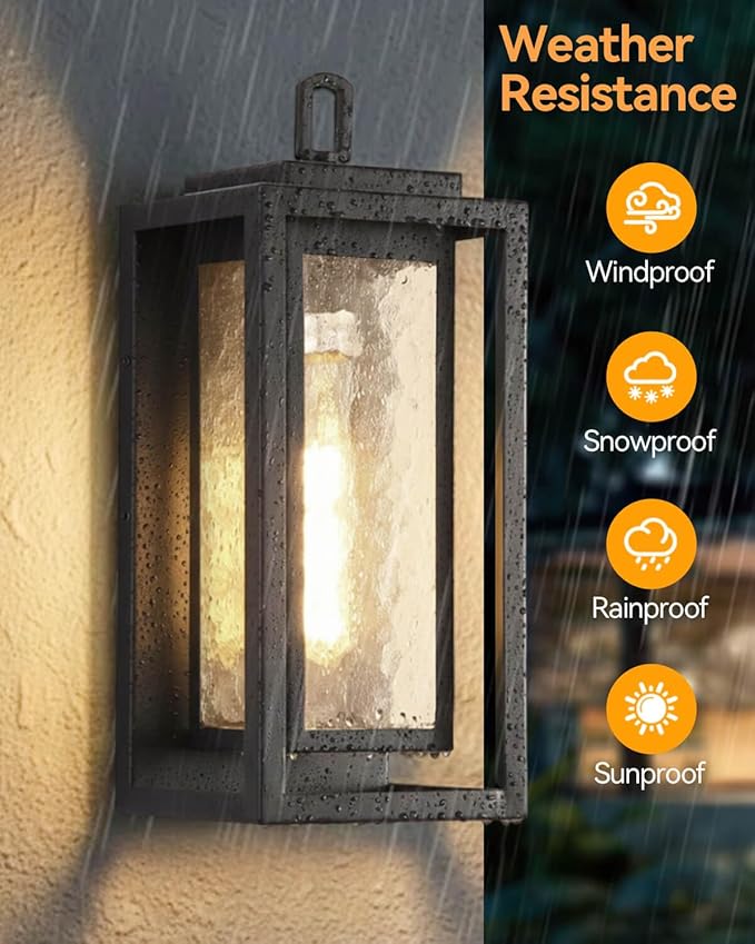 KIZON 15 Modern Outdoor Wall Lights with Seeded Glass Waterproof Black Outdoor Sconce Lights with LED Bulb Included Large Metal Exterior Lighting Fixtures for Porch Garage Entryway Patio