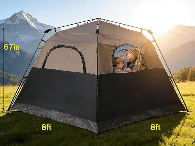 3/4 Person Camping Tent with 1 Door 4 Windows and Upgraded Ventilation– Instant Setup Waterproof 8'x 8'x 67''Oxford Fabric Floor Pop Up in 60 Seconds Includes Rainfly and Backpack
