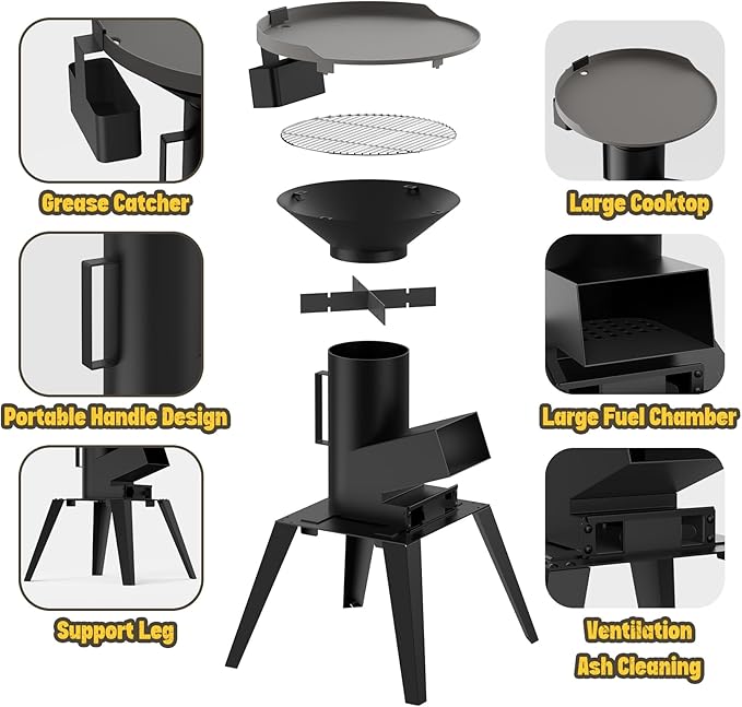 3-in-1 Camp Rocket Stove Kit with BBQ Grate Griddle Pot Rack Portable Wood Burning Stove with Detachable Stand Camping Gear for Outdoor Cooking Patio Barbecue RV Tailgating GS345