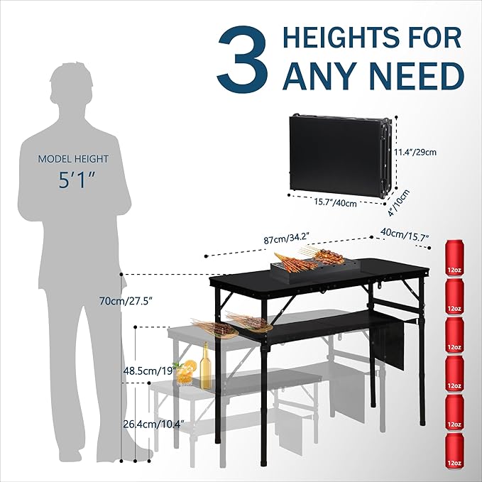 LOFTEY Folding Camping Table with 3 Adjustable Height 3ft Foldable Aluminum Camp Table Lightweight with Storage Bag Portable for Outdoor BBQ Hiking 34.2 x 15.7 x 27.5 Black