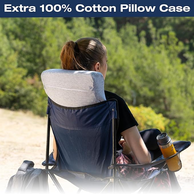alkamto Travel &amp Camping Comfortable Memory Foam Pillow – Easy to Carry Portable Bag – Temperature Regulating Pillow Case (White Contour + Extra Cover)