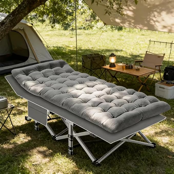 Comfortable and Soft Folding Bed Portable Camping cot with Side Pockets and Mattress Extra-Thick Oversized Folding Bed Weight Capacity of 500/600/700 lbs (Grey 600lbs)