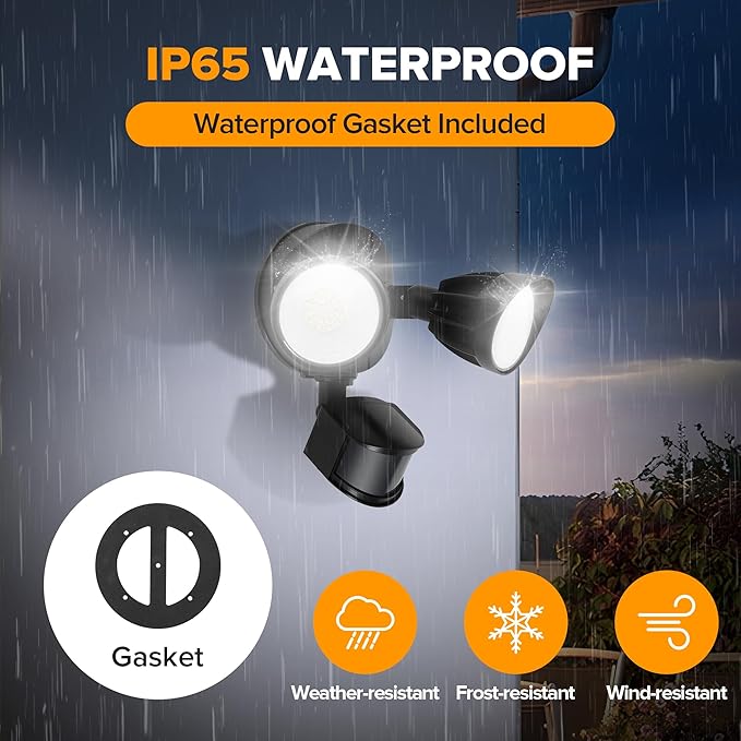 UME LED Security Light Motion Sensor Outdoor Lights 27W 3000LM 5000K IP65 Waterproof Dusk to Dawn 2 Head Motion Detector Flood Light for Outside Garage Yard (Black)