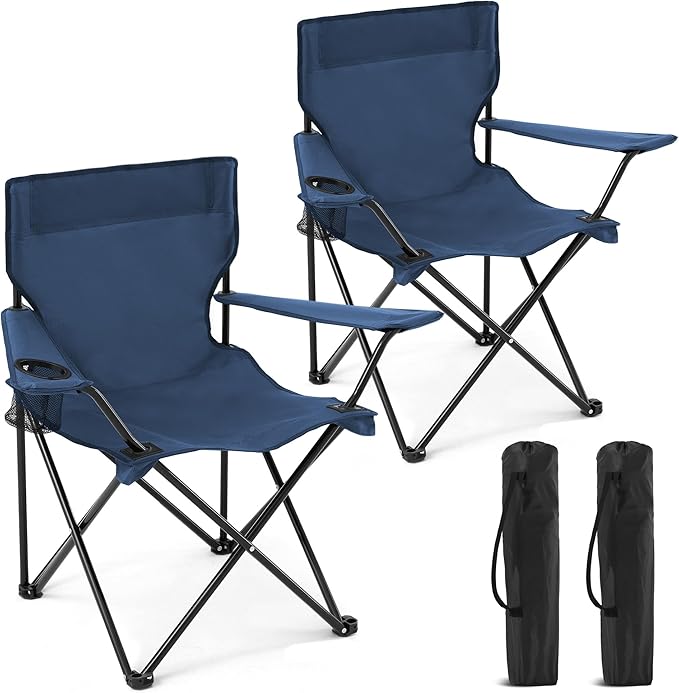 Folding Camping Chairs 2 Pack for Adults 300LBS Capacity Foldable Portable Lawn Chairs with Carry Bag Compact Design for Camp Beach Picnics and Outdoor (Navy)