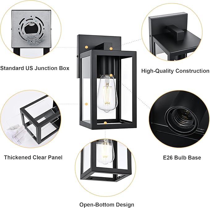 TODOLUZ 2-Pack Outdoor Wall Sconce 1-Light Black Waterproof Porch Wall Light Fixture for Front Door Patio Garage Doorway E26 Bulb Base