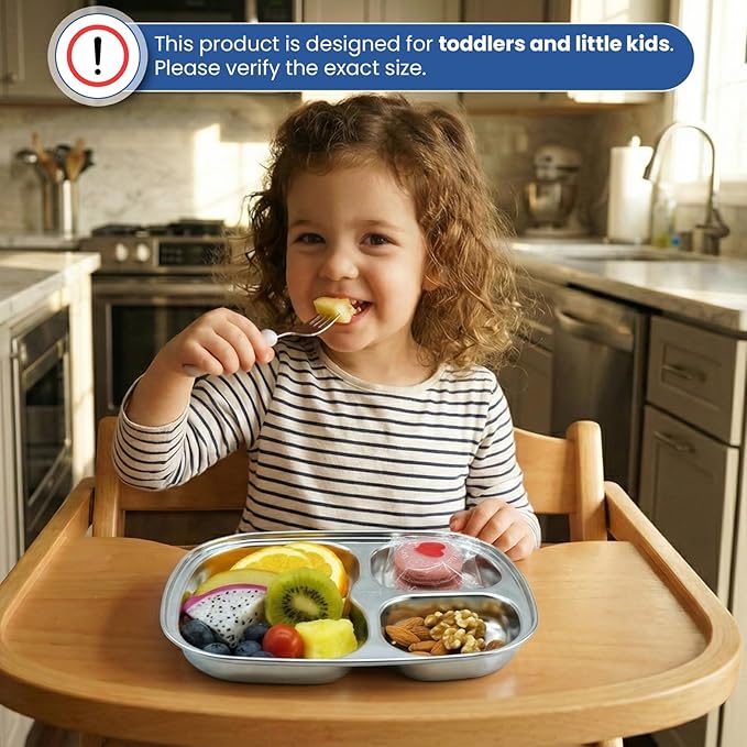 Korean Stainless Steel Divided Plates for Toddlers Kids Babies Premium 304 Electro-Polished No Black Residue BPA-Free 3-Compartment Plate Food Tray for Camping Balanced Meals Set of 2