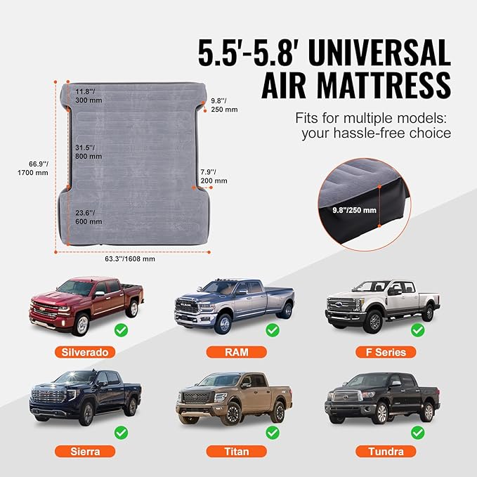 VEVOR Truck Bed Air Mattress for 5.5-5.8 ft Full Size Short Truck Beds Inflatable Air Mattress Bed with 12V Air Pump 2 Pillows Carry Bag for Silverado RAM F Series Sierra Titan Tundra