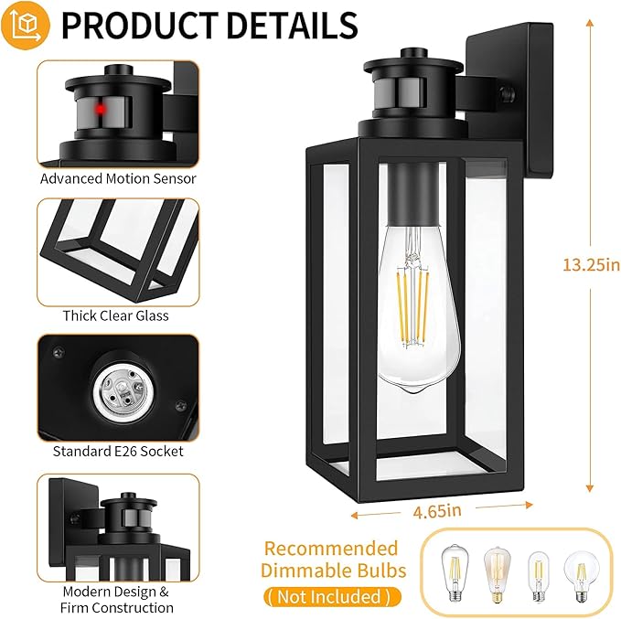 2-Pack Motion Sensor Outdoor Lights Upgrade Dusk to Dawn Wall Mount Light Fixtures Motion Sensor Wall Lights for Outside House Porch Garage Exterior Black Wall Lanterns Sconce with Clear Glass