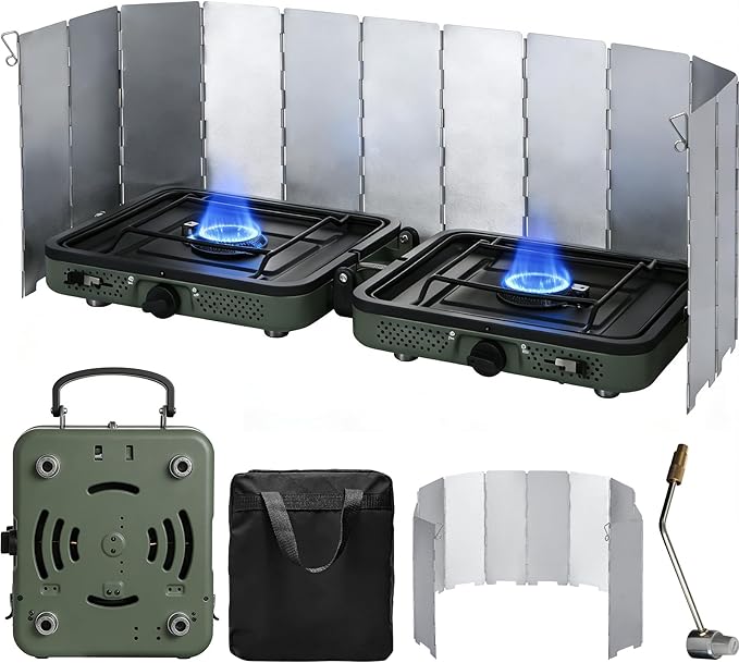 2 Burner Camping Stove with Windscreen Portable Folding Gas Stove with 17200 BTU Adjustable Burners12 Plates Foldable Aluminum Camping Stove Windshield Suitable for Propane &amp Butane