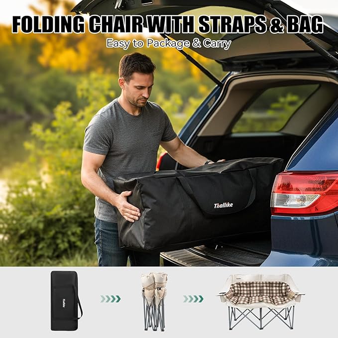 Double Camping Chair Oversized 2 Person Camp Chairs with Cup Holders Side &amp Backrest Mesh Pockets Padded Loveseat Camping Chair Foldable for Outdoor Lawn Backyard Beach Support 800LB