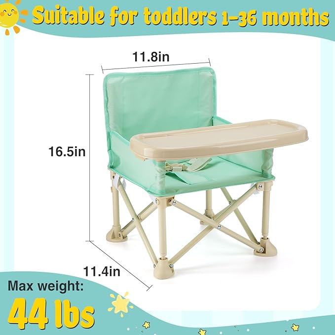 Baby Beach Chair for Toddlers 1-3 - Lightweight Foldable Baby Camping Chair with Tray and Storage Bag Easy to Clean Safe Kids Outdoor Lawn Chairs for Garden RV Travel (Green)