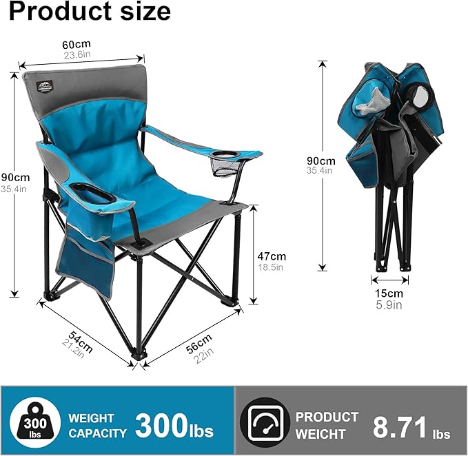 Oversized Folding Camping ChairHeavy Duty Padded Portable Lawn Chair w/Extra Large Cup HolderSide Pocket for Adults Outdoor Sports Hiking Beach Garden PicnicBlue