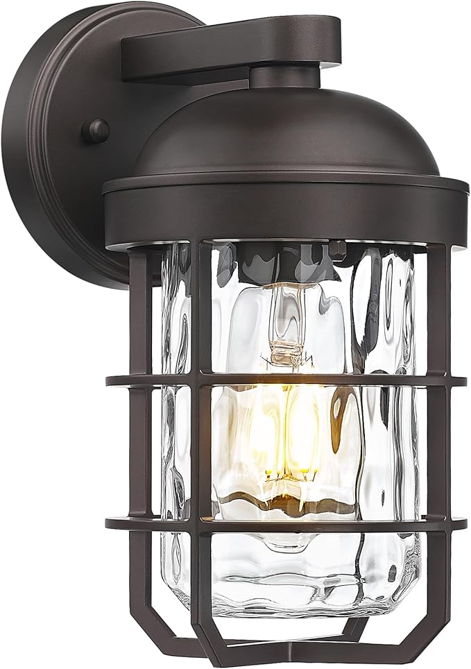 Emliviar Retro Wall Lamp Wall Mounted for House Medium 1-Light Exterior Wall Lighting with Metal Cage Oil Rubbed Bronze with Water Ripple Glass Shade GE255BL ORB-WG