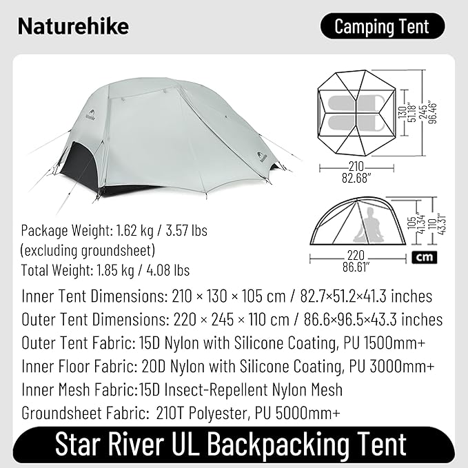 Naturehike Star River UL Camping Tent with Divided Packing Design - 1/2 Person Lightweight Backpacking Tent Double Layer Waterproof Tent for One Man Hiking Travel Cycling Two Person