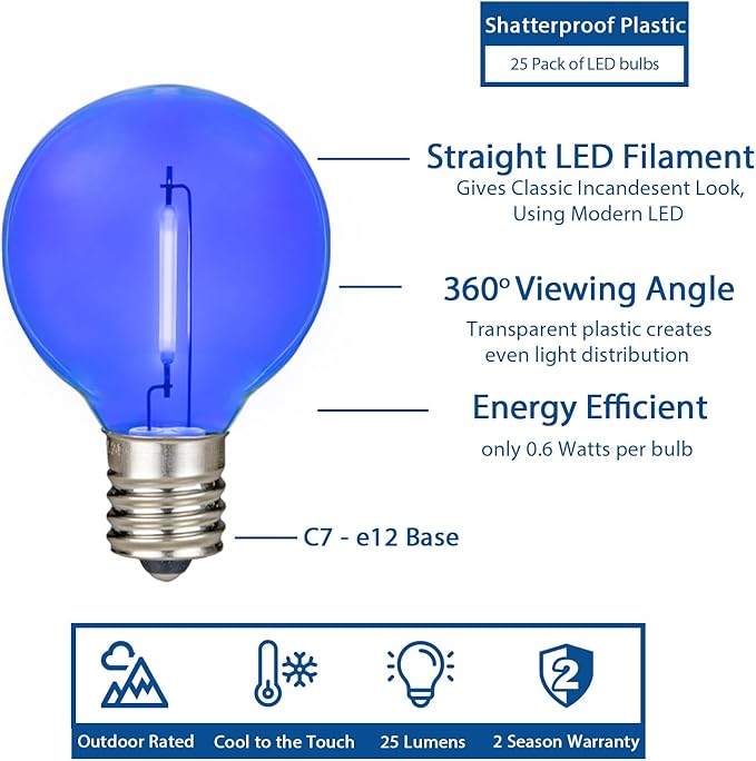Novelty Lights 25 Pack Blue G40 LED Filament String Light Bulbs E12/C7 Candelabra Base 5 Watt Equivalent Shatterproof Replacement Bulbs for Patios Canopy Lighting
