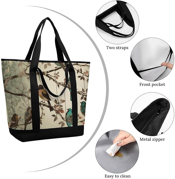 Insulated Shopping BagLarge Reusable Cooler Bags Birds on Branches Printed Foldable Shopping BagTravel Waterproof Shoulder Bag