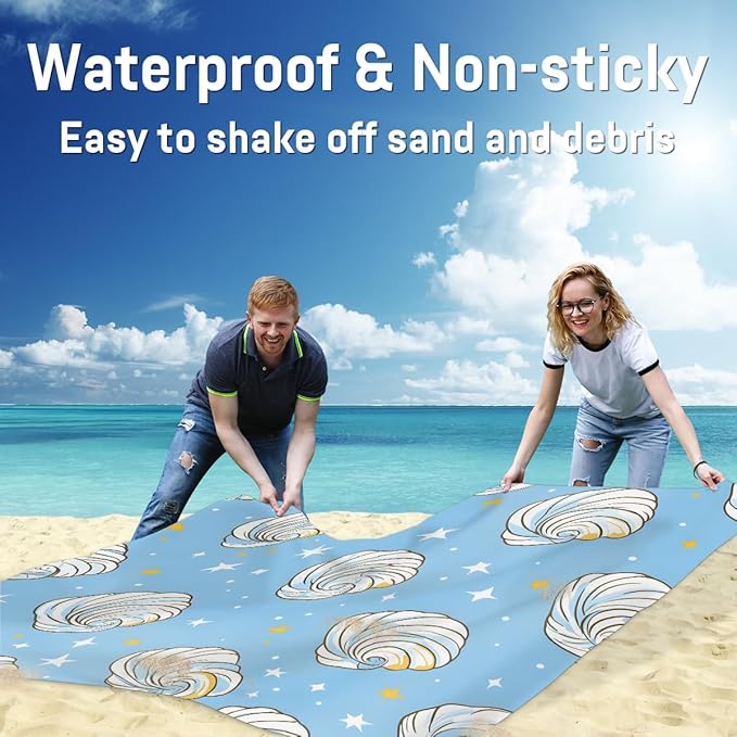 Waterproof Sandproof Beach Blanket 59''×68'' White Shells Polyester Outdoor Picnic Blanket with 4 Stakes &amp Storage Bag for BeachCampingVacation Blue