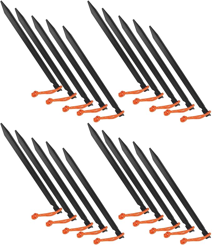 20pcs V Shape Heavy Duty Tent Stakes with Ropes Aluminum Alloy Tent Pegs for Camping Canopy 9 Inch Long Outdoor Tent Garden Stakes for Secure Ground Penetration in All Soil Types (Black)