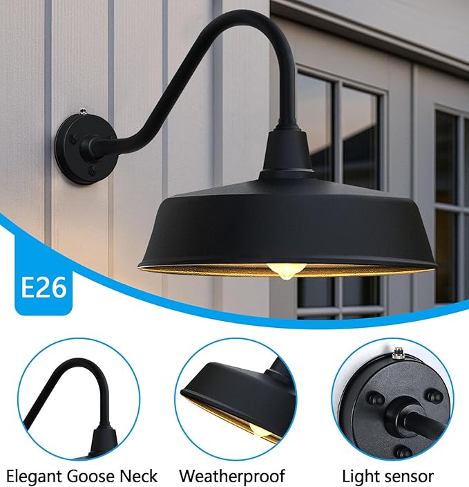 JOESA Large 18 Outdoor Gooseneck Barn Light 2-Pack Dusk to Dawn Farmhouse Wall Light Fixture for Porch and Garage Classic Exterior Barn Light Weather Resistant