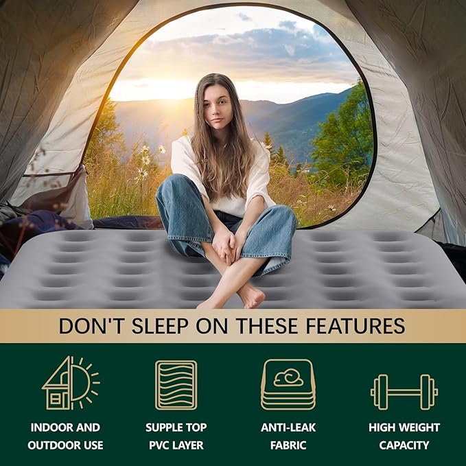 Air Mattress Queen with Built in Pump Heavy Duty Blow Up Mattress with Electric Pump Colchon Plug -in Self-Inflatable Air Bed for Home Guest and Rental House 10 inches Thick Gray.