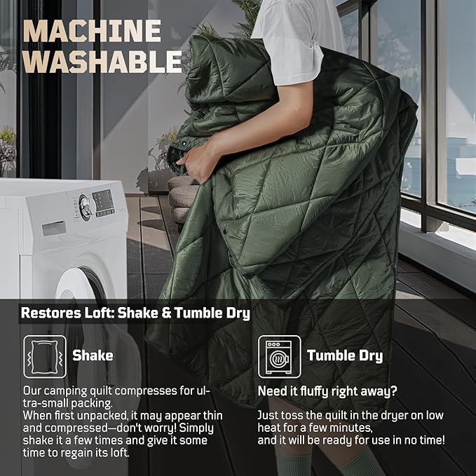 Camping Blanket - Packable Ultra Warm and Lightweight with Snap Button Backpacking Quilt for Sleeping Outdoors Travel and Indoor Use - Olive Green