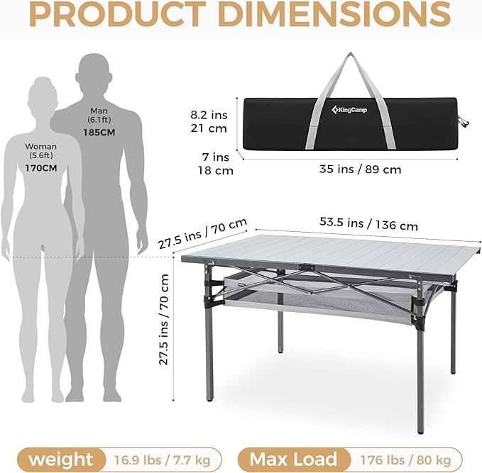KingCamp Folding Camping Table Aluminum Roll-Up Camp Table Large Foldable Table for 4-6 Person Outdoor Portable Tables with Carry Bag 180 LBS Heavy Duty Load (Silver+Mesh：53.5 × 27.5)