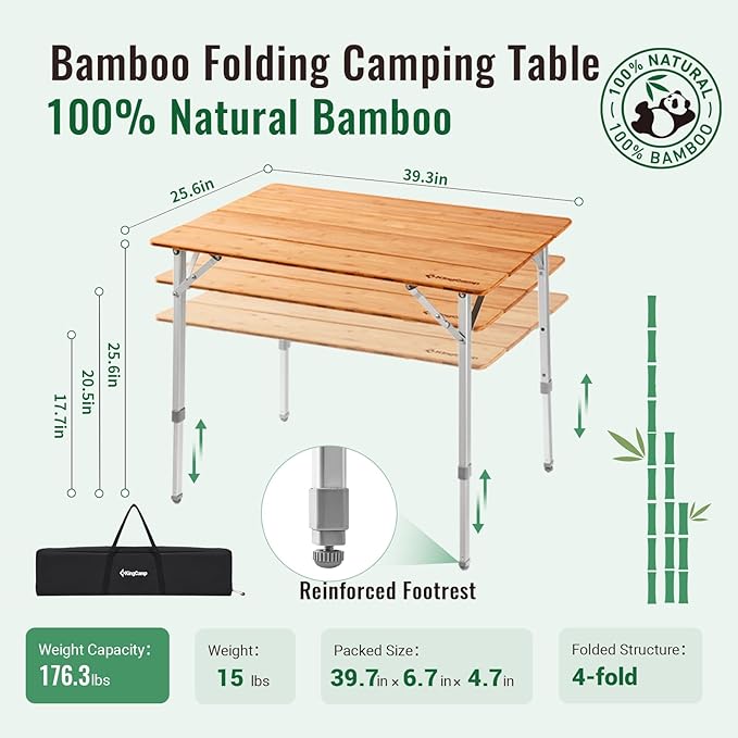 KingCamp Oversized Camping Folding Chair Heavy Duty 450 LBS with Bamboo Folding Table Portable Picnic Camping Table with Carry Bag