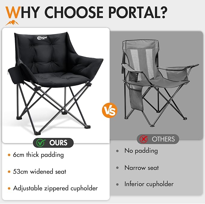 Portal Oversized Padded Camping Chair - Heavy Duty Folding Chair with Cup Holder &amp Side Pocket Supports 330 lbs for Camping Lawn Sports Black