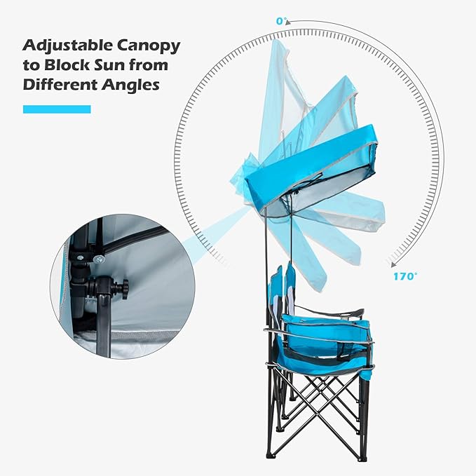 COSTWAY Double Camping Chair Portable Camping Chairs with Canopy Cup Holder Iced Bag Storage Bag Carrying Bag Folding Loveseat Camping Chair for Adults Outdoors Sport Blue
