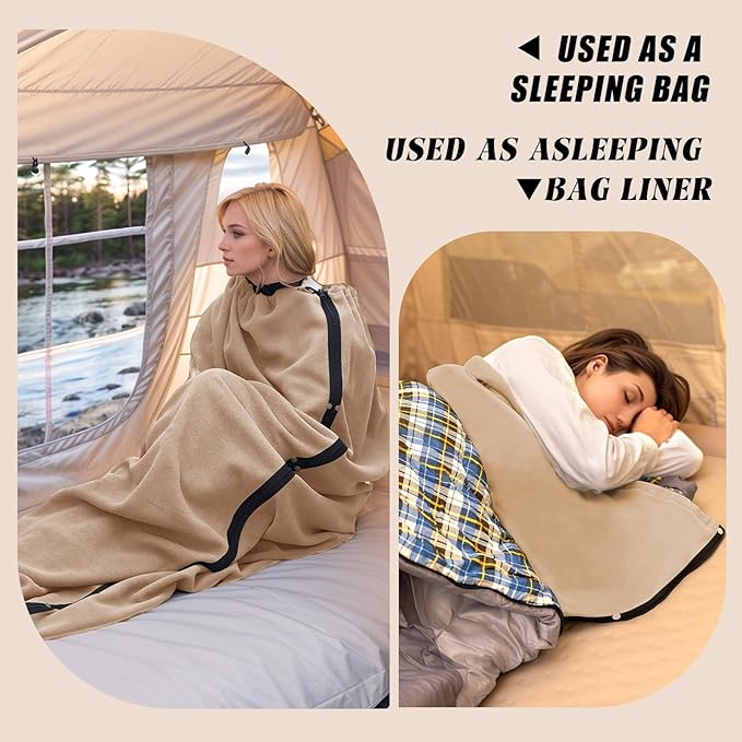 Fleece Wearable Blankets Camping Blanket Poncho 74.5 in * 63 in Warm Comfy Durable &amp Portable Machine Washable for Stadium Concerts Car Travel Sports Hiking Sofa. (Khaki)