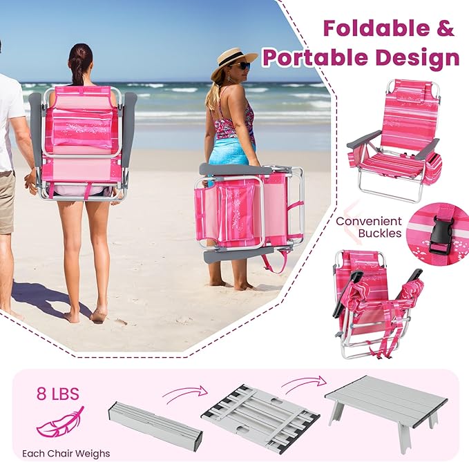 Backpack Beach Chair 5 Position Adjustable Camping Chairs with Aluminum Table Head Pillow Cooler Bag Cup Holders Folding Beach Chairs for Adults (with Table Pink Stripe)