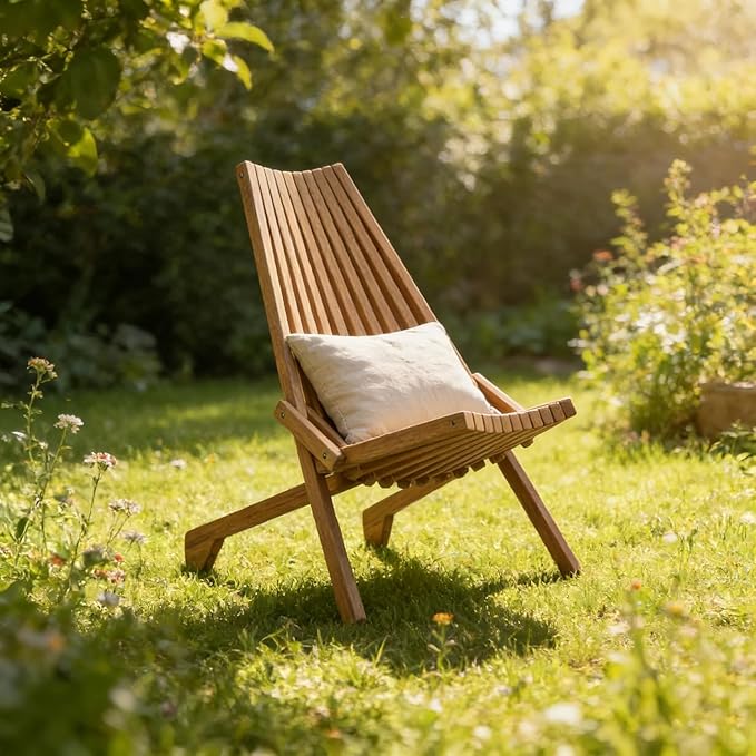 Folding Wooden Outdoor Chair Stylish Low Profile Acacia Wood Lounge Chair for The Porch Lawn Garden or Outdoor Patio Furniture (Wooden 2 Pack)