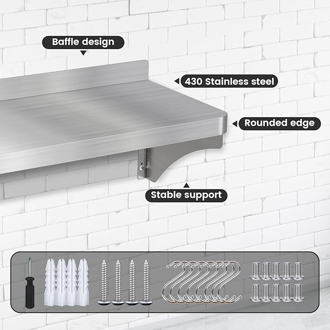 48 x 12 Stainless Steel Shelf Wall Mounted | Heavy-Duty Commercial Stainless Steel Shelf Storage with 8 Hooks for Kitchen Wall Restaurant Garage and Microwave Oven