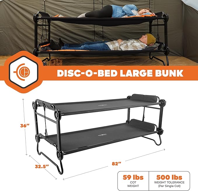 Disc-O-Bed Large Outdoor Convertible 2 Person Bench and Double Camping Cot Portable Bed Bunk System for Adults Black