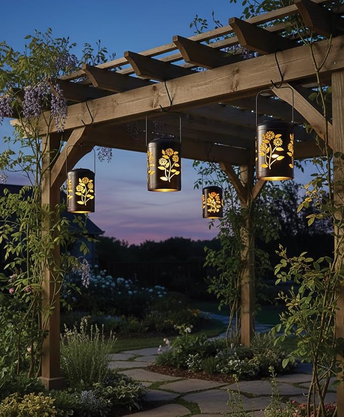 Regal Art &amp Gift Solar Flower Shadow Lantern Outdoor Waterproof Garden Décor Ideal Gift for Women Mom Grandma – Hanging Metal Solar Lights for Yard Patio Backyard Porch Gold