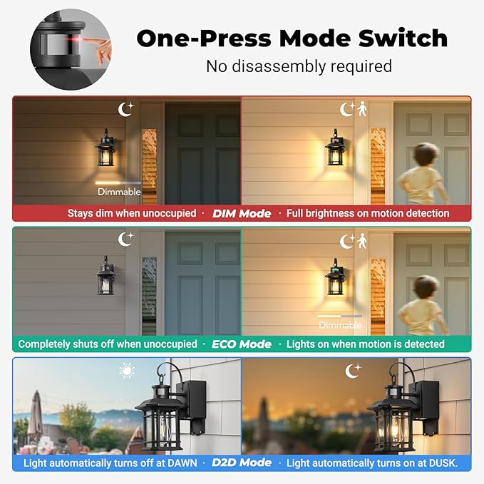 2 Pack Porch Light with GFCI Outlet Distance and Time Adjustable Motion Sensor Outdoor Lights Black Dusk to Dawn Outdoor Light with Outlet for House Garage Garden Waterproof Aluminum