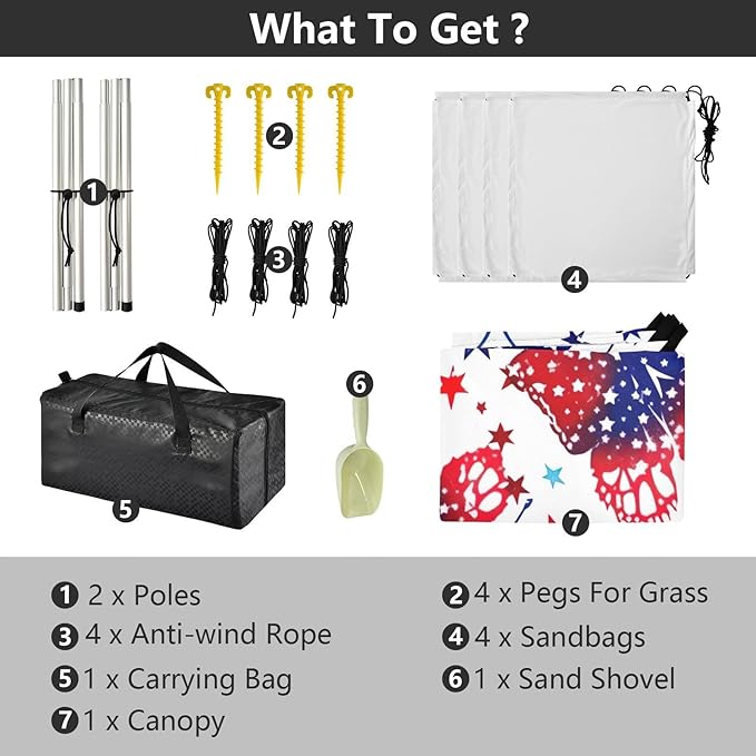 American Flag with Butterflies Beach Tent Sun Shelter 9.2' x 10.5' Beach Canopy with 4 Sandbags 4 Stability Poles Sand Shovels - Tent Canopy for Beach Camping Fishing Picnics