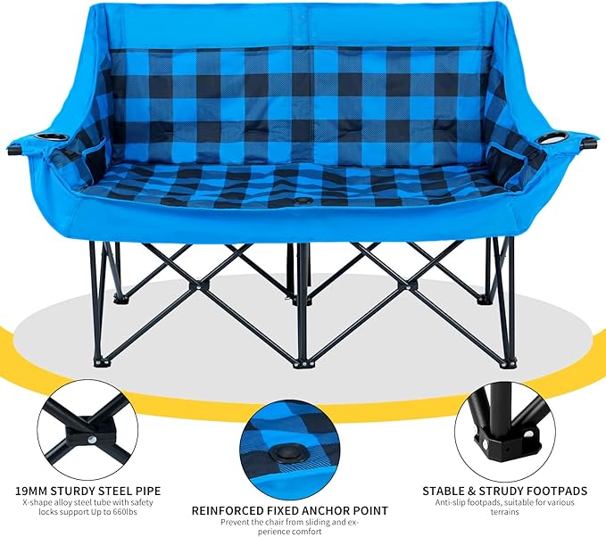DoCred Heated Double Camping Chair Folding 2 Person Camping Chairs Loveseat Outdoor SportsHeated Oversized Lawn Chairs for AdultsHeating Camp Chair with 3 Heat Levels Battery NOT Included