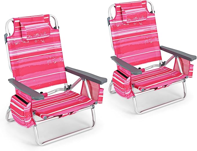 Goplus Beach Chair Folding Backpack Beach Chairs for Adults with 5 Positions Head Pillow Cooler Bag Towel Bar Cup Holders Sunbath Sling Tanning Lounge Foldable Layout Camping Chairs
