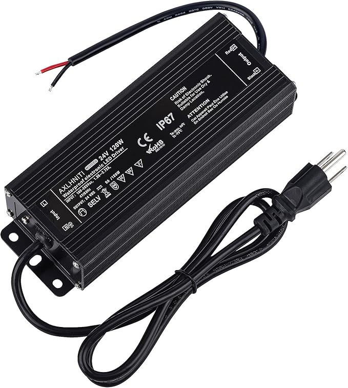 LED Power Supply - 120W IP67 Waterproof 24V DC for LED Strip Lights 100V-265V AC Input 3-Prong Plug with 3.3 Feet Cable