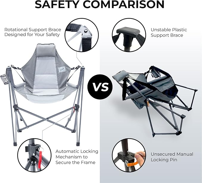 Portable Swing Hammock Chair | Foldable Recliner Rocking Lounger with Headrest &amp Drink Holder | Outdoor Sports Beach Lawn Hunting Tailgating Fishing | Supports 300Lbs (Grey)