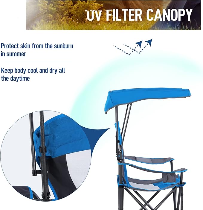 ALPHA CAMP Camp Chair with Shade Canopy Folding Camping Chair with Cup Holder and Carry Bag for Outdoor Camping Hiking Beach Heavy Duty 300 LBS Royal Blue