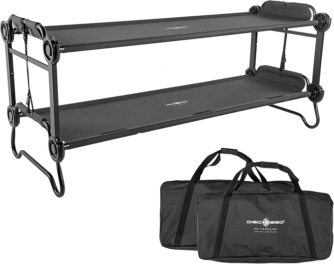 Disc-O-Bed Large Outdoor Convertible 2 Person Bench and Double Camping Cot Portable Bed Bunk System for Adults Black