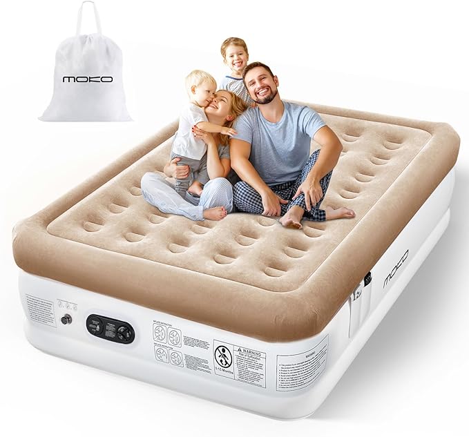 Air Mattress Queen with Built in Pump 18'' Luxury Inflatable Mattress 3 Min Fast Blow up Mattress with Dual-Chamber Comfort Top - Velvety Air Bed for Home Camping Travel Guests White + Khaki