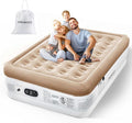 Air Mattress Queen with Built in Pump 18'' Luxury Inflatable Mattress 3 Min Fast Blow up Mattress with Dual-Chamber Comfort Top - Velvety Air Bed for Home Camping Travel Guests White + Khaki