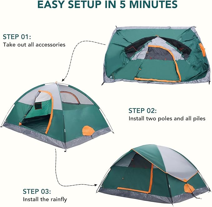 OLIXIS Camping Tent 2/4 Person Waterproof Windproof Dome Tent with Multi-Directional Ventilation Quick 5 Min Setup for Family Outdoor Backpacking Hiking