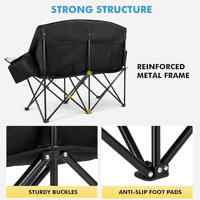 Double Camping Chair for Adults Outdoor Folding Chair with 2 Cooler Bags Support 500lbs Heavy Duty Camp Chair for Outdoor Sports Beach - Black&ampGrey