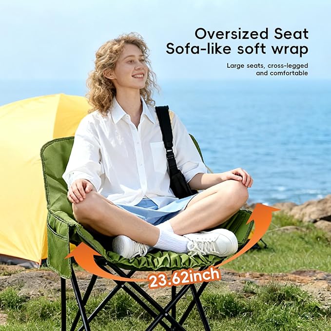 Outdoor 3-Layer Padding High Back Moon Chair with Thick Cotton 600D Oxford Fabric Portable Folding Camping Chair with Side Pocket Supports up to 300lbs (Green)
